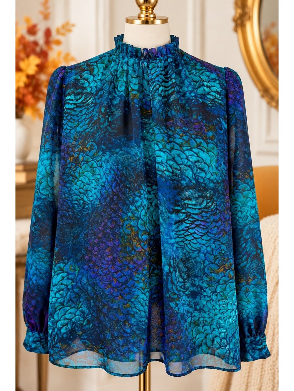 Worthington Women’s Large Teal Floral Ruffle Neck Sheer Long Sleeve Blouse